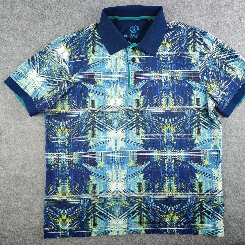 Bugatchi Polo Mens Medium Blue Tropical Palm Mercerized Cotton AOP Print‎